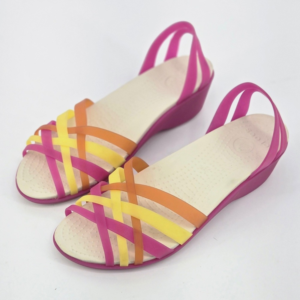 Crocs Huarache Mini Wedge Fuchsia Pink Multi Strappy Jelly Sandals W10 Whimsical